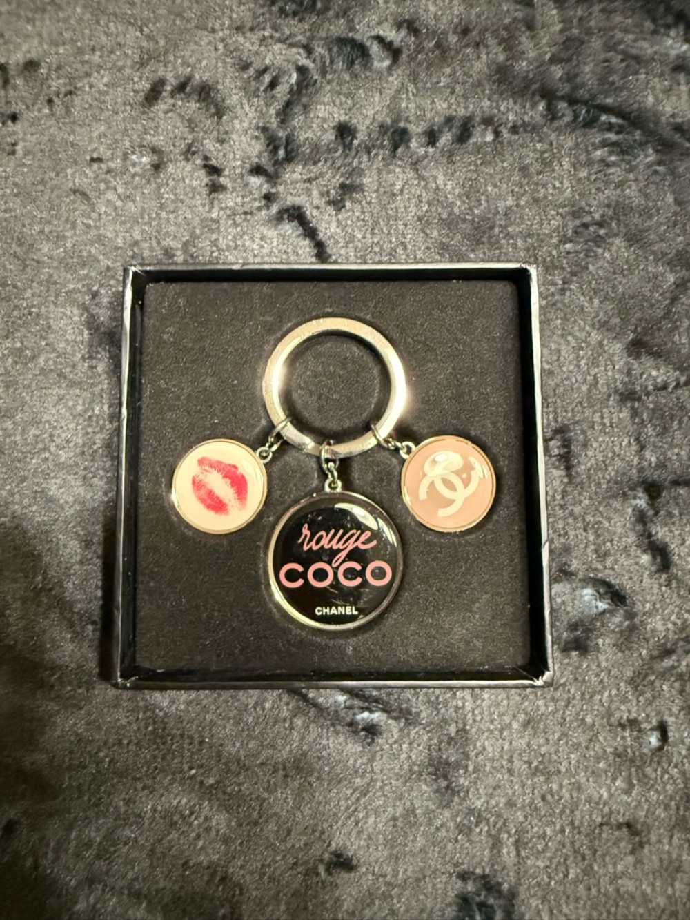 CHANEL Black and Pink Rouge Coco Logo Keychain with Kiss & CC Charms